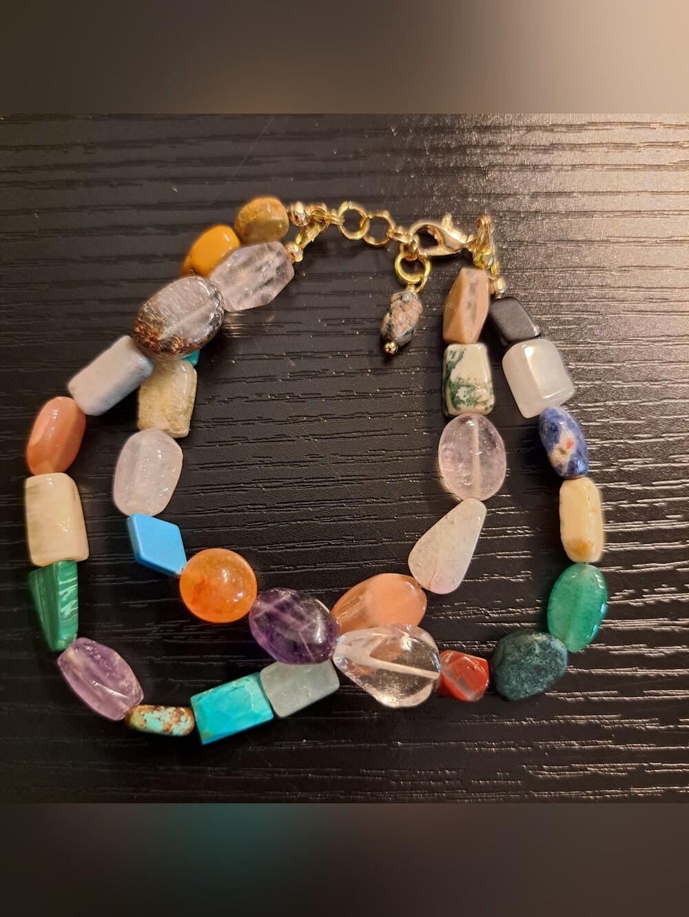 Handcrafted Multi-Gemstone, Multicolor Two Strand Bracelet in Gold